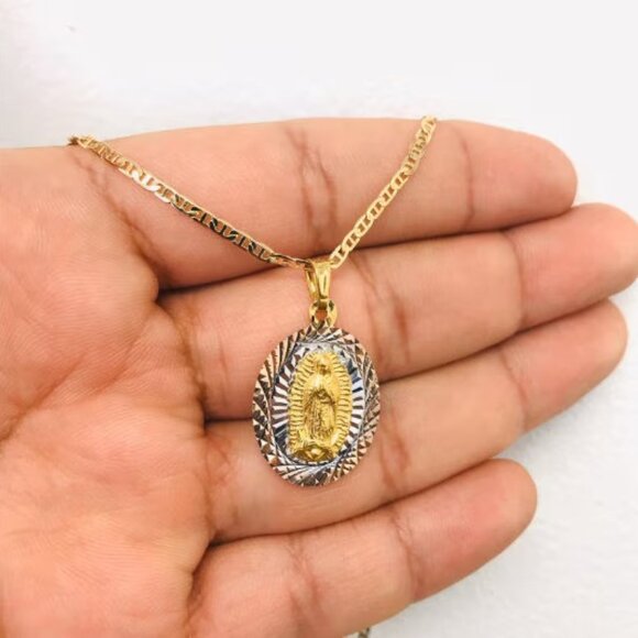 14K GF Virgen de Guadalupe Pendant 26x18mm Necklace Mariner Link Chain 18" Adult - Picture 2 of 5